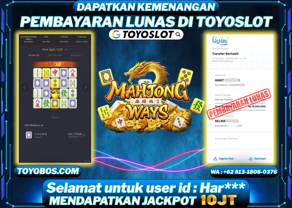 TOYOSLOT - BUKTI KEMENANGAN Mahjong ways Har*** Rp10,000,000- LUNAS